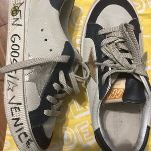 Golden Goose Beige, Navy & Gold Star Low-Top Sneakers